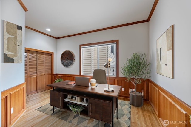 14691 NE 16th St, Bellevue, WA 98007 - office space with ornamental molding, a wainscoted wall, light wood-style flooring, and recessed lighting