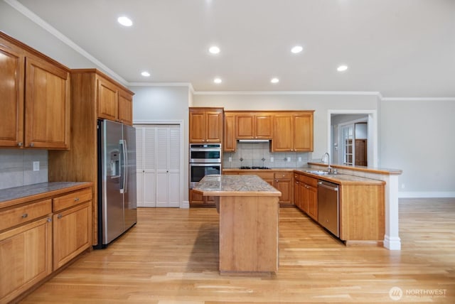 14691 NE 16th St, Bellevue, WA 98007 - kitchen with appliances with stainless steel finishes, a peninsula, ornamental molding, decorative backsplash, and light wood-type flooring