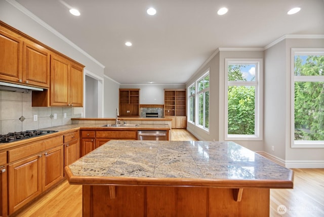 14691 NE 16th St, Bellevue, WA 98007 - kitchen with black gas stovetop, light wood-style floors, plenty of natural light, recessed lighting, and crown molding