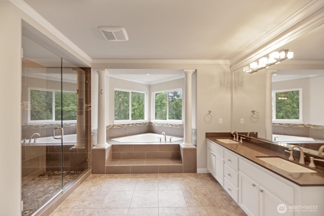 14691 NE 16th St, Bellevue, WA 98007 - full bath with ornate columns, a garden tub, double vanity, and crown molding