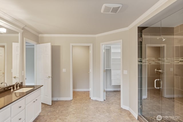 14691 NE 16th St, Bellevue, WA 98007 - bathroom with vanity, a stall shower, and crown molding