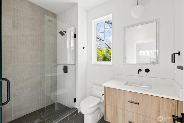 10520 NE 111th Pl, Kirkland, WA 98033 - bathroom featuring vanity, a stall shower, and tile patterned flooring