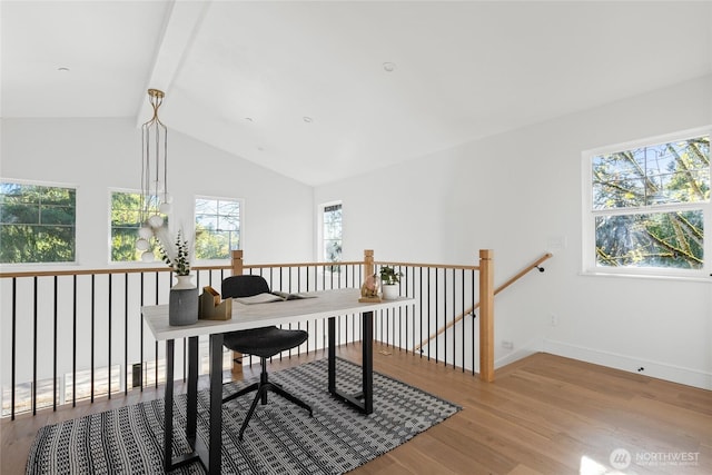 10520 NE 111th Pl, Kirkland, WA 98033 - office space featuring plenty of natural light, wood finished floors, high vaulted ceiling, and beamed ceiling