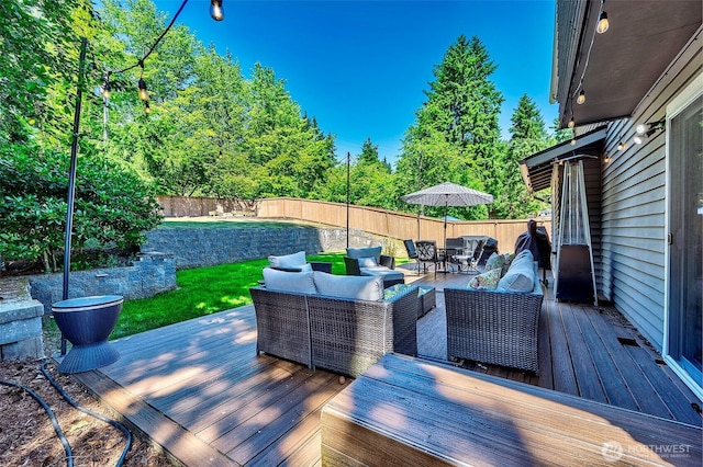 14305 109th Ave NE, Kirkland, WA 98034 - wooden deck featuring outdoor dining space, an outdoor hangout area, and a fenced backyard