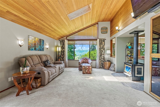 4115 Sunset Way, Longview, WA 98632 - living room featuring wooden ceiling, carpet, vaulted ceiling, and a wood stove
