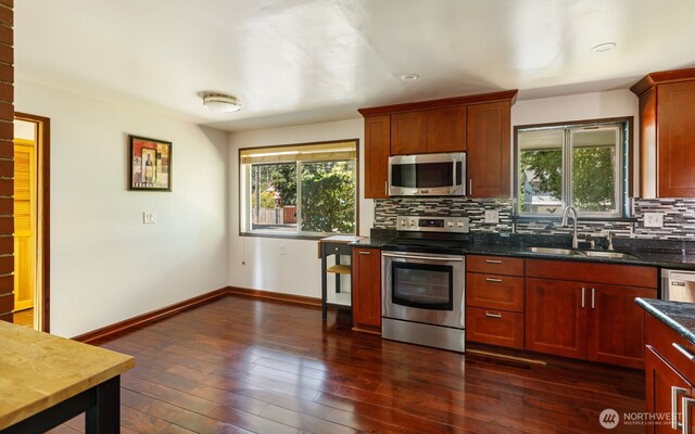 1847 N 183rd St, Shoreline, WA 98133 - kitchen featuring stainless steel appliances, plenty of natural light, tasteful backsplash, and dark wood finished floors