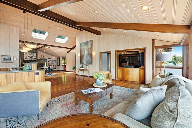 2247 Northshore Rd, Bellingham, WA 98226 - living room featuring wood-type flooring, wood walls, plenty of natural light, wood ceiling, and recessed lighting