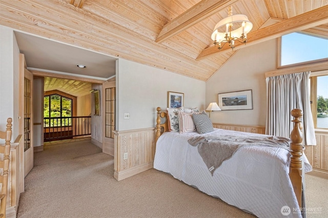 2247 Northshore Rd, Bellingham, WA 98226 - bedroom featuring wooden ceiling, a chandelier, a wainscoted wall, carpet floors, and wood walls
