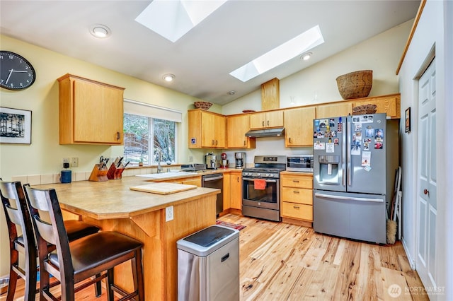 4243 Holcomb St, Port Townsend, WA 98368 - kitchen featuring stainless steel appliances, a skylight, under cabinet range hood, vaulted ceiling, and a peninsula