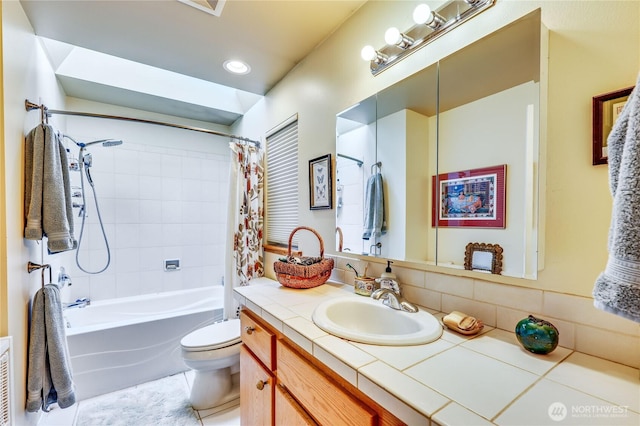 4243 Holcomb St, Port Townsend, WA 98368 - bathroom featuring vanity, shower / bath combination with curtain, tile patterned flooring, and recessed lighting