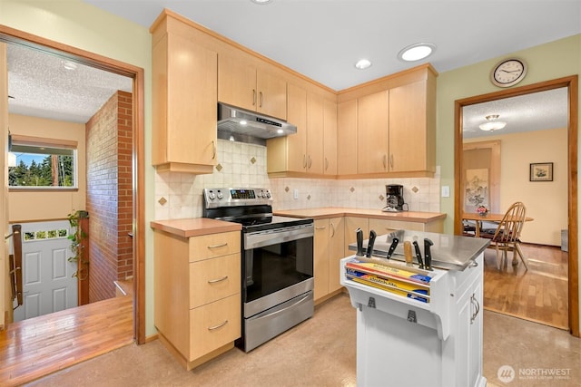 507 Lyla Ln, Bellingham, WA 98225 - kitchen with stainless steel range with electric cooktop, light brown cabinets, under cabinet range hood, tasteful backsplash, and a textured ceiling
