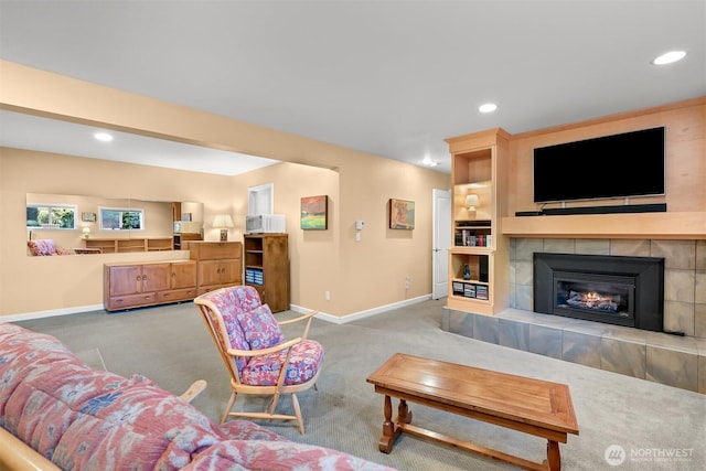 507 Lyla Ln, Bellingham, WA 98225 - carpeted living room featuring recessed lighting and a tile fireplace