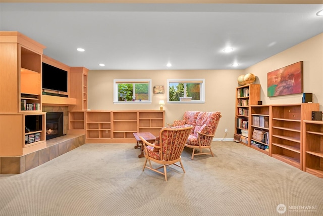 507 Lyla Ln, Bellingham, WA 98225 - living area featuring carpet floors, a tile fireplace, and recessed lighting