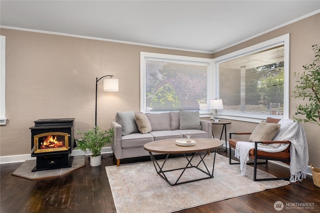10812 2nd Ave S, Seattle, WA 98168 - living area featuring wood-type flooring, a wood stove, healthy amount of natural light, and crown molding