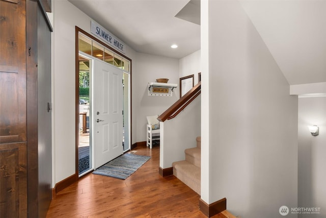 1321 E Mason Lake Dr E, Grapeview, WA 98546 - entryway featuring wood finished floors, stairway, and recessed lighting