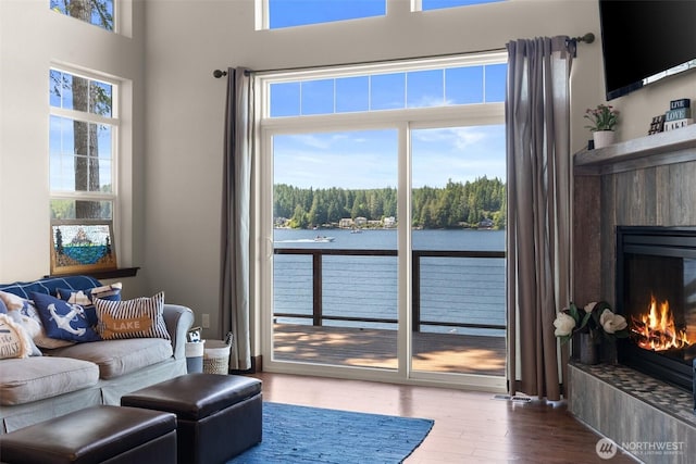 1321 E Mason Lake Dr E, Grapeview, WA 98546 - living room featuring a warm lit fireplace, wood finished floors, and a water view