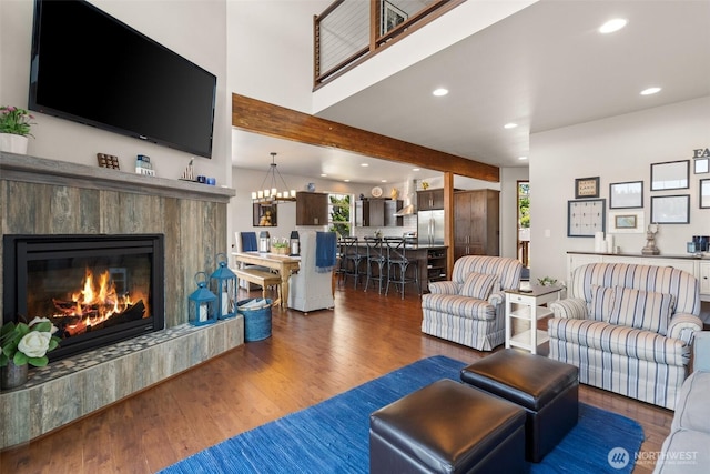 1321 E Mason Lake Dr E, Grapeview, WA 98546 - living room featuring wood finished floors, a premium fireplace, recessed lighting, and beam ceiling