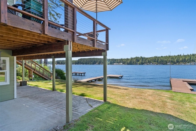 1321 E Mason Lake Dr E, Grapeview, WA 98546 - view of patio with a boat dock, a water view, and stairway