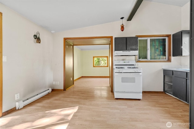 9330 Odell St, Blaine, WA 98230 - kitchen featuring gas range gas stove, a baseboard heating unit, under cabinet range hood, and light wood-type flooring
