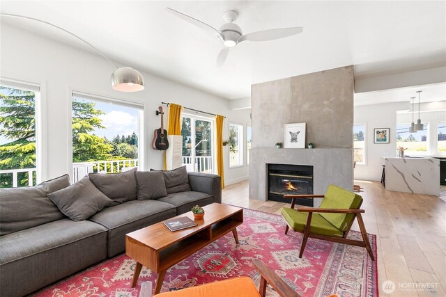 600 SW Cloverdale St, Seattle, WA 98106 - living room featuring light wood-type flooring, ceiling fan, and plenty of natural light