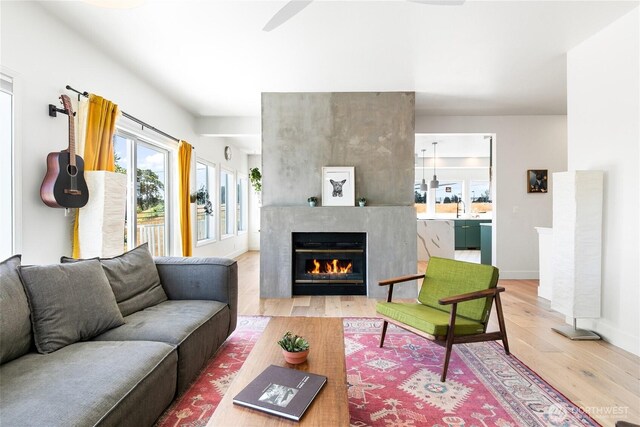 600 SW Cloverdale St, Seattle, WA 98106 - living area with a fireplace, plenty of natural light, light wood-style flooring, and ceiling fan