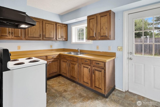 8597 Harborview Rd, Blaine, WA 98230 - kitchen featuring white range with electric stovetop, under cabinet range hood, brown cabinetry, and light countertops