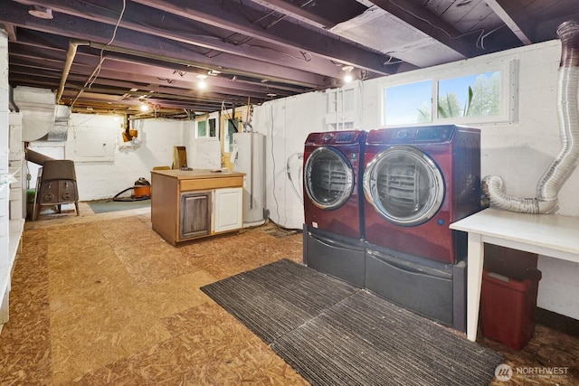 8597 Harborview Rd, Blaine, WA 98230 - laundry room featuring water heater, washing machine and clothes dryer, and light flooring