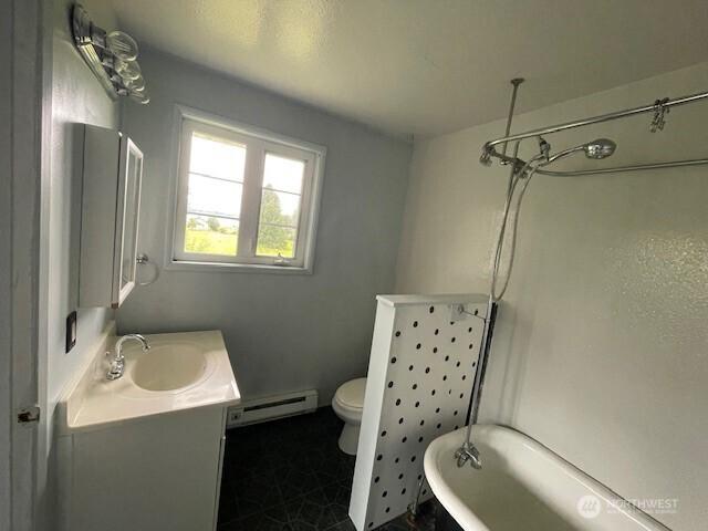 8597 Harborview Rd, Blaine, WA 98230 - full bath with a baseboard heating unit, a freestanding tub, vanity, and a shower