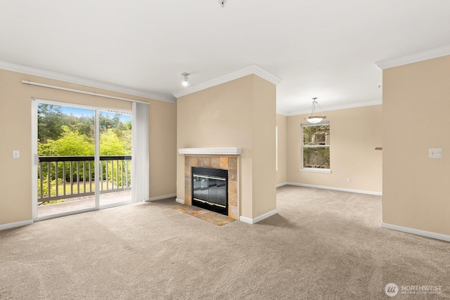 33020 10th Ave SW Unit 301, Federal Way, WA 98023 - unfurnished living room featuring carpet floors, ornamental molding, plenty of natural light, and a fireplace