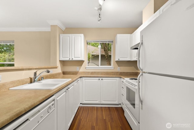 33020 10th Ave SW Unit 301, Federal Way, WA 98023 - kitchen with white appliances, white cabinetry, dark wood finished floors, healthy amount of natural light, and crown molding