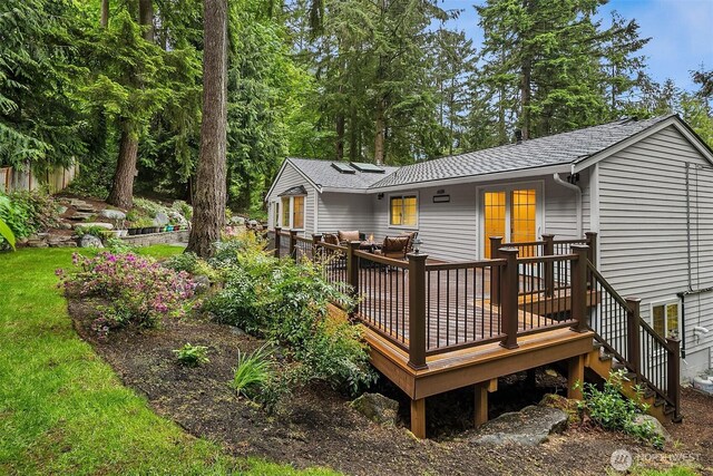 12810 NE 32nd Pl, Bellevue, WA 98005 - back of house featuring a wooden deck and roof with shingles