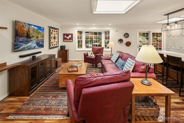 12810 NE 32nd Pl, Bellevue, WA 98005 - living room featuring wood finished floors, crown molding, and recessed lighting