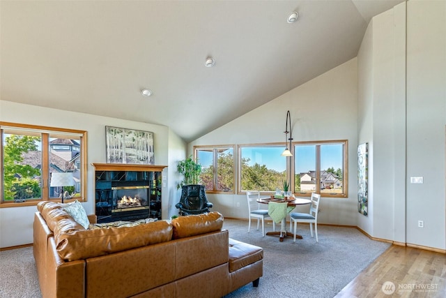 8705 Fenwick Loop SE, Olympia, WA 98513 - living room with healthy amount of natural light, lofted ceiling, a tile fireplace, and wood finished floors