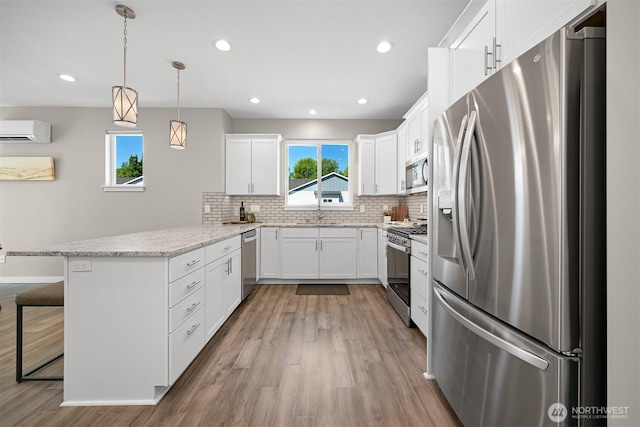 5690 Sunstone Pl Unit 101, Ferndale, WA 98248 - kitchen featuring stainless steel appliances, an AC wall unit, a peninsula, light wood-style floors, and tasteful backsplash