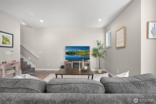 5690 Sunstone Pl Unit 101, Ferndale, WA 98248 - living room with wood finished floors, stairway, and recessed lighting