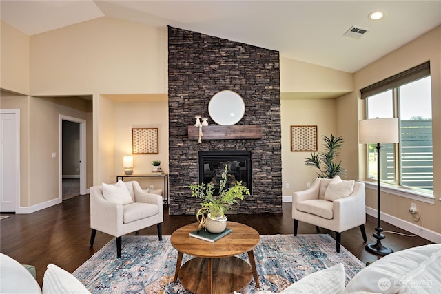 73 Sable Ct, Sequim, WA 98382 - living area featuring wood finished floors, a fireplace, and high vaulted ceiling