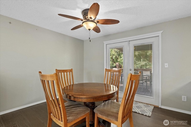 14416 4th Ave E, Tacoma, WA 98445 - dining area featuring dark wood-style floors, ceiling fan, french doors, and a textured ceiling