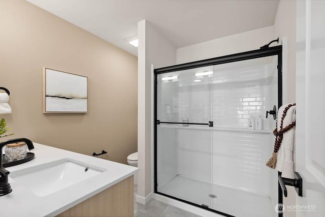 14707 87th Ave SE Unit V4, Snohomish, WA 98296 - bathroom with a stall shower, vanity, and tile patterned flooring