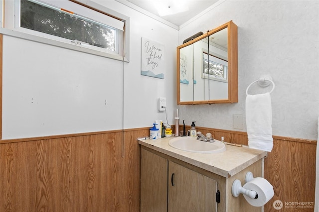 22517 133rd Street Ct E, Orting, WA 98360 - bathroom featuring a wainscoted wall, vanity, and wood walls