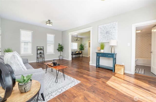 462 G St, Blaine, WA 98230 - living room with wood finished floors and a chandelier