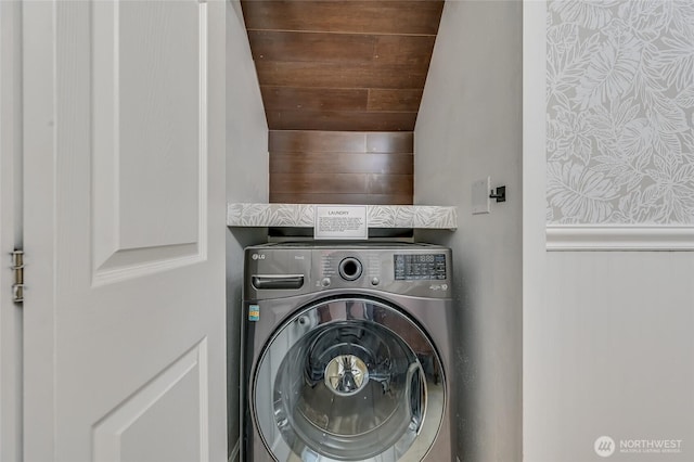 1717 150th Ave SE Unit 18, Bellevue, WA 98007 - laundry room with washer / clothes dryer and wooden ceiling