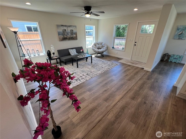 303 N Wynoochee Dr SW, Ocean Shores, WA 98569 - living area featuring wood finished floors, a ceiling fan, and recessed lighting