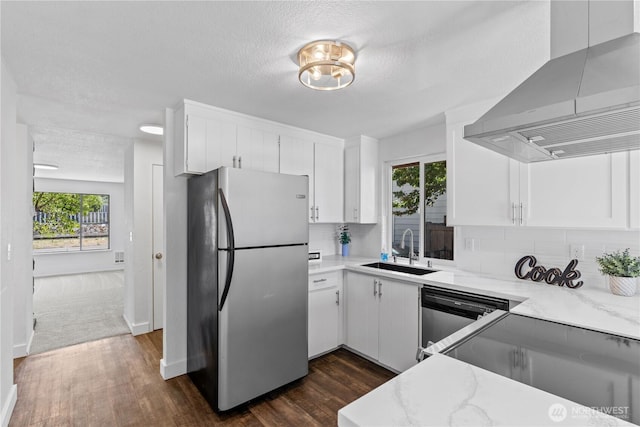 2235 E Wright Ave, Tacoma, WA 98404 - kitchen featuring stainless steel appliances, ventilation hood, dark wood-type flooring, white cabinets, and a textured ceiling