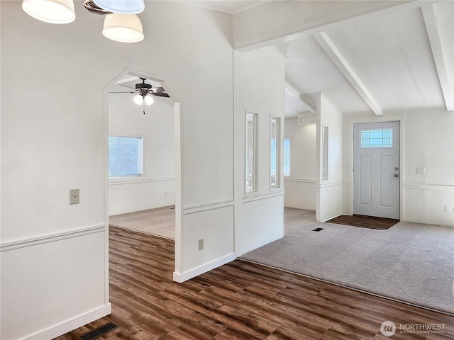 176 Nix Ln, Centralia, WA 98531 - foyer with dark wood finished floors, ceiling fan, a decorative wall, and a wainscoted wall