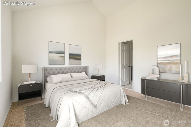 20122 102nd Ave SE, Kent, WA 98031 - bedroom featuring carpet floors and high vaulted ceiling