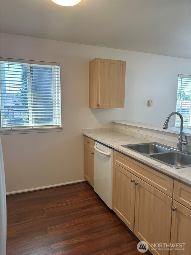 10511 Midvale Ave N Unit 202, Seattle, WA 98133 - kitchen with white dishwasher, light brown cabinetry, and dark wood finished floors