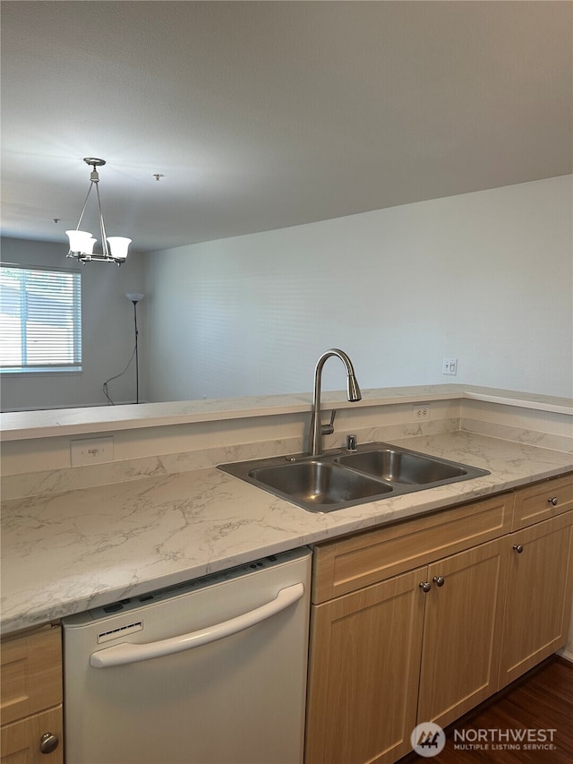 10511 Midvale Ave N Unit 202, Seattle, WA 98133 - kitchen featuring dishwasher, a chandelier, hanging light fixtures, and light stone countertops