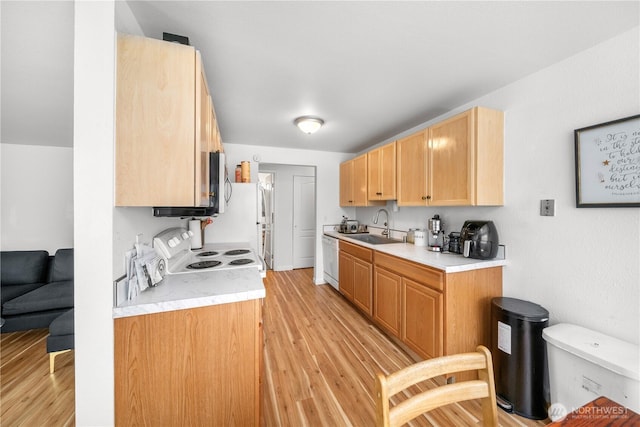 11556 Greenwood Ave N Unit 105, Seattle, WA 98133 - kitchen featuring white appliances, light countertops, light wood finished floors, and light brown cabinetry