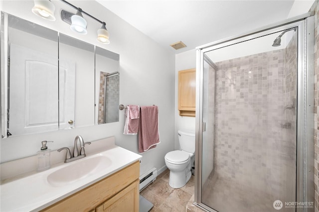 11556 Greenwood Ave N Unit 105, Seattle, WA 98133 - full bathroom with baseboard heating, vanity, and a shower stall