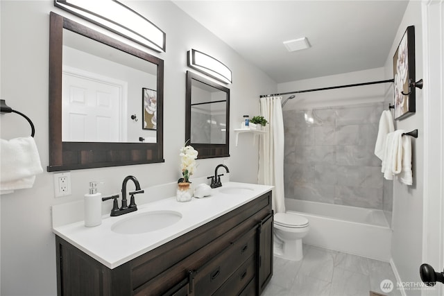 18844 SE 214th St, Renton, WA 98058 - full bathroom featuring marble look tiles, double vanity, and shower / tub combo with curtain